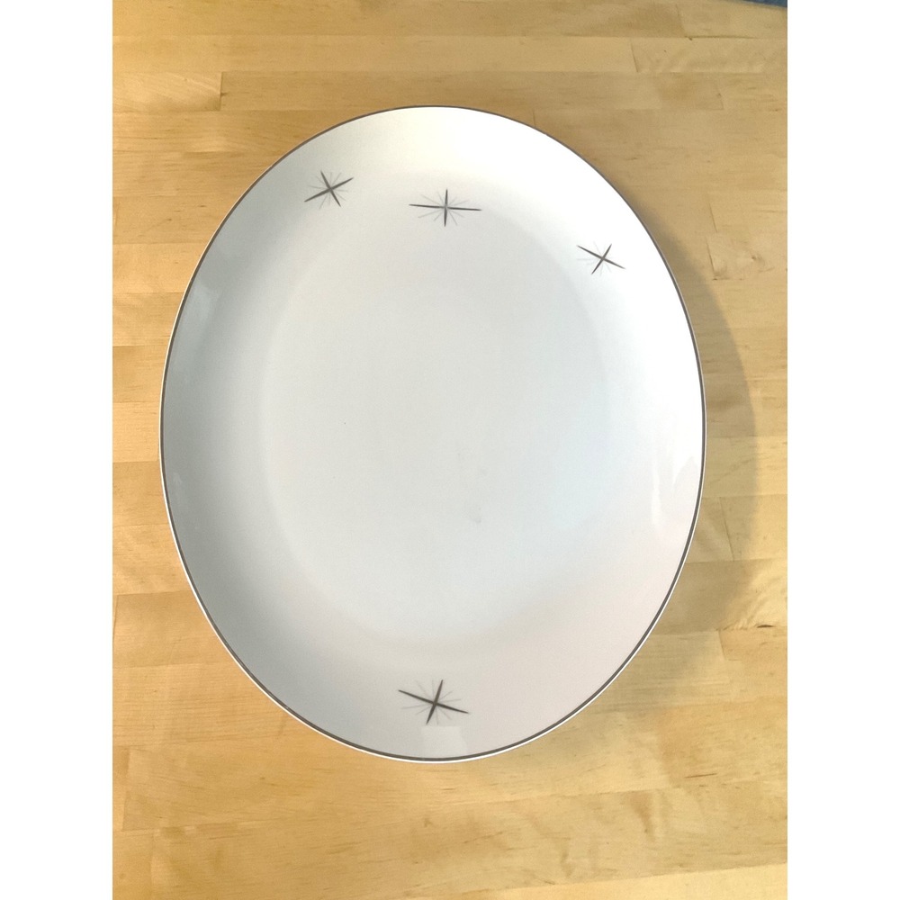 Vintage Atomic Starburst Oval Serving Platter White Silver Rim MCM Decor